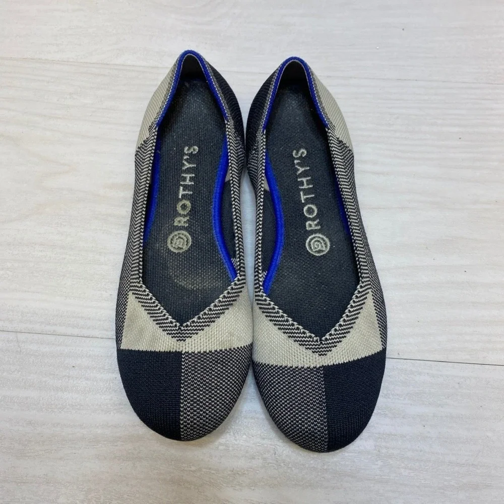Rothys The Flat Navy Cream Colorblock Round Toe Knit Shoes Womens Size‎ 8
